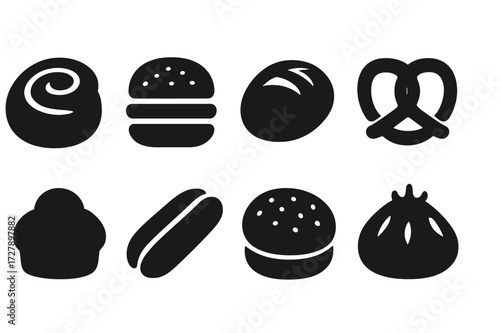 Assorted Bun Icons. Solid, filled icon set of baked buns: cinnamon bun, hamburger bun, dinner roll, pretzel bun, brioche bun, hot dog bun, sesame bun, garlic