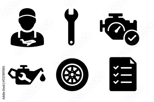 Private Jet Maintenance Icons. Solid, filled icon set of private jet maintenance: mechanic, wrench, fuel gauge, engine check, oil can, tool kit,