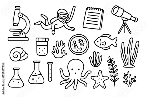 Marine Science Doodles. Hand-drawn doodle illustration [Marine science equipment] [microscope, diver, notebook, fish, coral, water sample, plankton, seaweed,
