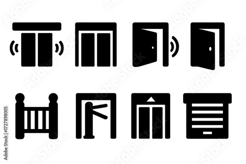 Automatic Door Icons. Solid, filled icon set of automatic entrances: sensor door, sliding door, revolving door, swing door, security gate, turnstile, elevator