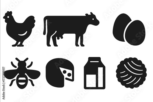 Organic Animal Icons. Solid, filled icon set of organic animal products: free-range chicken, cow, goat, eggs, honeybee, cheese wheel, milk carton, wool. Solid,