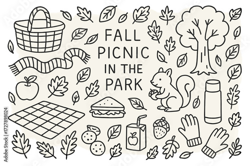 Fall Picnic Doodle. Hand-drawn doodle illustration [Fall Picnic in the Park] [basket, blanket, falling leaves, apple, sandwich, thermos, leaves, tree, acorn,