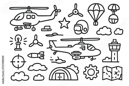 Military Doodle Icons. Hand-drawn doodle illustration Military helicopters helicopter, rotor, propeller, radar, star, parachute, pilot helmet, missile, bomb,