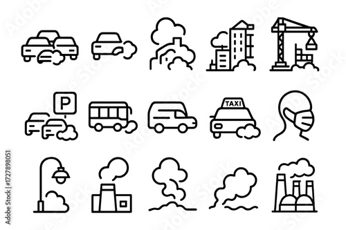 Urban Emissions Icons. Urban emissions. Line icon set of urban emissions: traffic jam, exhaust pipe, city skyline with smoke, construction site, parking lot,