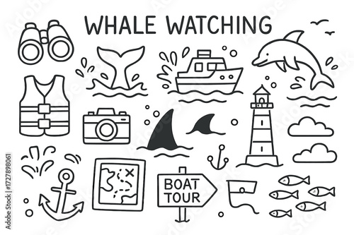 Whale Watching Doodles. Hand-drawn doodle illustration [whale watching] [binoculars, whale tail, boat, splash, wave, life vest, camera, orca fin, lighthouse,