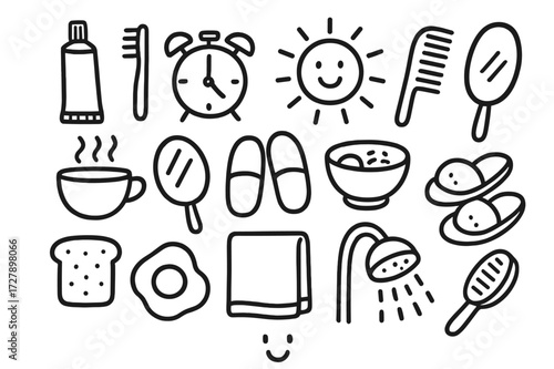 Morning Routine Doodles. Hand-drawn doodle illustration morning routine toothbrush, toothpaste, alarm clock, cup of tea, sun, comb, mirror, slippers, breakfast