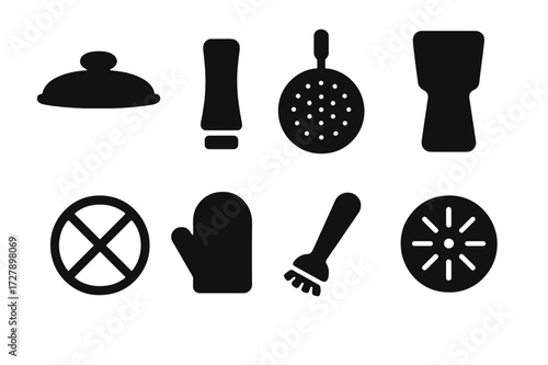 Pan Accessories Icons. Solid, filled icon set of pan accessories: pan lid, handle grip, splatter guard, pan scraper, trivet, oven mitt, pan brush, heat
