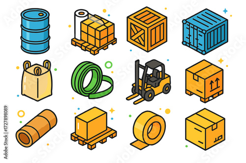 Colorful Packing Icons. Industrial packaging. Colorful isometric vector icons set of Industrial packaging: metal drum, pallet wrap, large crate,