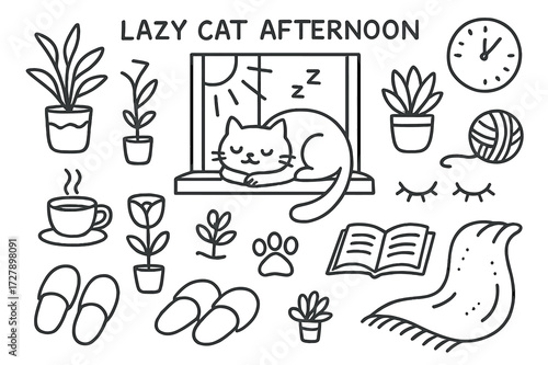 Lazy Cat Afternoon. Hand-drawn doodle illustration [Lazy cat afternoon] [cat on windowsill, sun rays, cup of tea, open book, slippers, dozing eyes, cat tail,