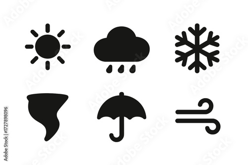 Weather Icon Grid. Solid, filled icon set of weather symbols: sun, cloud, rain, snowflake, lightning bolt, tornado, umbrella, wind. Solid, filled icons in only