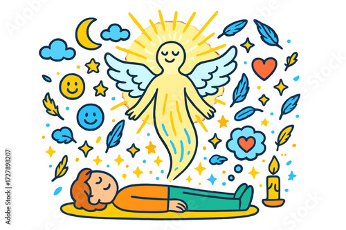 A Dreamy Spirit. Spirit rising. Colorful Hand-drawn doodle Children illustration Person lying down, glowing spirit, wings, stars, moon, clouds, light rays,