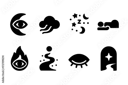 Dream Vision Icon Set. Solid, filled icon set of dream visions: eye in moon, dream mist, floating symbols, sleeping figure, dream flame, astral path, sleeping