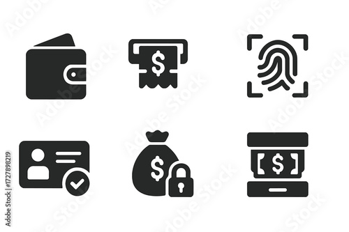 Cash Handling Icons. Solid, filled icon set of cash withdrawal tools: wallet, money counter, ATM keypad, fingerprint scan, ID check, secure bag, note detector,