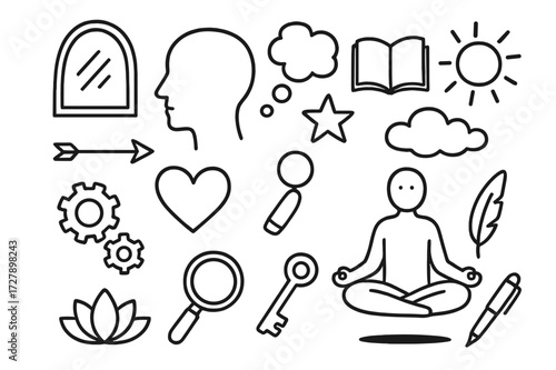 Inner Reflection Icons. Hand-drawn doodle illustration Inner reflection mirror, head silhouette, thought bubble, heart, star, book, cloud, sun, arrow, pen,