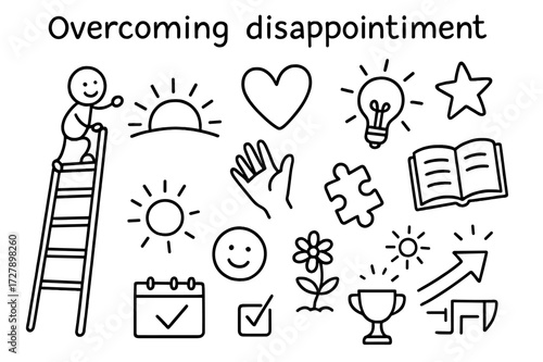 Journey of Growth. Hand-drawn doodle illustration overcoming disappointment ladder, sunrise, hand reaching out, heart, light bulb, star, open book, puzzle
