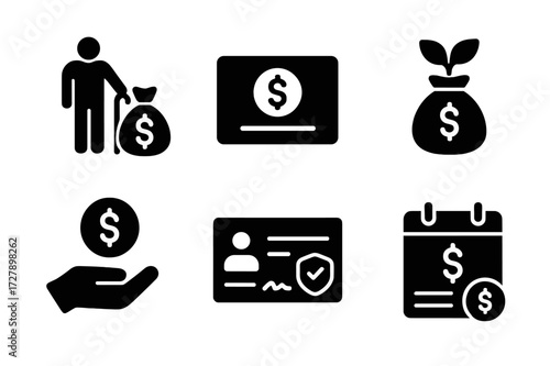 Pension Fund Icons. Solid, filled icon set of pension funds: retirement plan, pension account, fund growth, contributions, benefit check, social security, fund