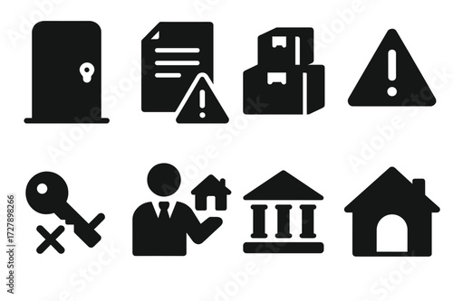 Tenant Eviction Icons. Solid, filled icon set of tenant removal: locked door, eviction notice, moving boxes, warning sign, key with cross, landlord figure,