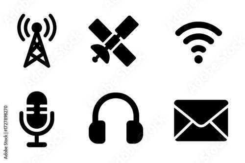 Media Communication Icons. Solid, filled icon set of media communication: broadcast tower, satellite, signal, streaming, podcast mic, headphones, message