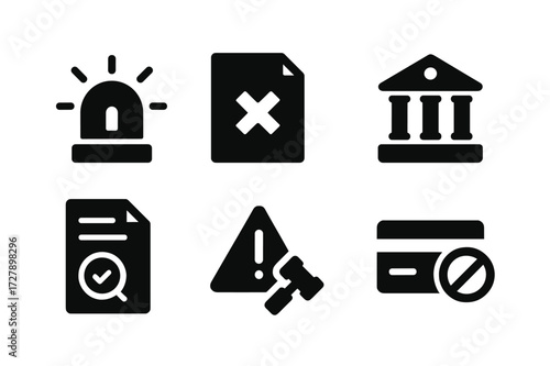 Loan Default Icons. Solid, filled icon set of loan default: red alert, contract breach, bank building, money withdrawal, credit report, warning sign, penalty