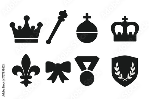 Royal Insignia Icons. Solid, filled icon set of noble insignia: crown, scepter, orb, coronet, fleur-de-lis, ribbon, medal, crest. Solid, filled icons in only