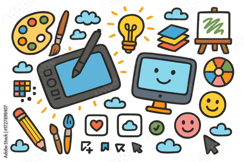 Digital Art Essentials. Illustration. Colorful Hand-drawn doodle Children illustration Drawing tablet, stylus, paint palette, brushes, computer, monitor,