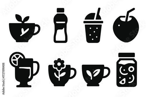 Relief Beverage Icons. Solid, filled icon set of relief beverages: herbal tea, water, smoothie, coconut water, lemon water, chamomile tea, green tea, infused