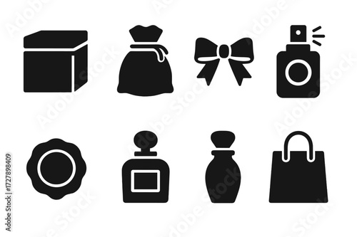 Perfume Packaging Icons. Solid, filled icon set of perfume packaging: box, pouch, ribbon, label, spray cap, seal, stopper, gift bag. Solid, filled icons in