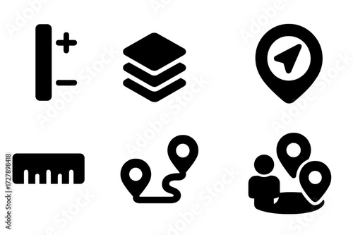 Map Interface Icon Set. Solid, filled icon set of map interface elements: zoom slider, layer toggle, compass needle, search pin, distance ruler, route line,