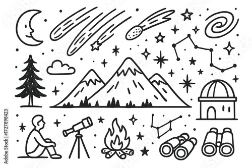 Cosmic Doodle Nightscape. Hand-drawn doodle illustration meteor shower over mountains stars, meteors, moon, mountain silhouette, tree, comet, galaxy swirl,