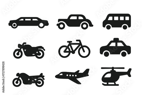 Red Carpet Transport Icons. Solid, filled icon set of red carpet transport: limousine, vintage car, shuttle bus, taxi, motorcycle, bicycle, private jet,