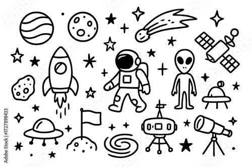 Doodle Space Icons. Hand-drawn doodle illustration Space travel Rocket, astronaut, planet, moon, star, comet, satellite, UFO, space suit, telescope, asteroid,