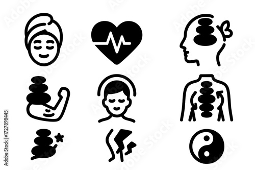 Hot Stone Massage Icons. Solid, filled icon set of hot stone massage benefits: relaxed face, heart health, muscle relief, calm mind, energy flow, stress