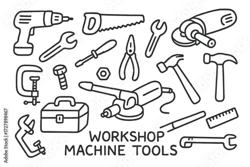 Workshop Tool Doodles. Hand-drawn doodle illustration workshop machine tools drill, saw, lathe, grinder, wrench, screwdriver, pliers, hammer, bolt, nut, file,