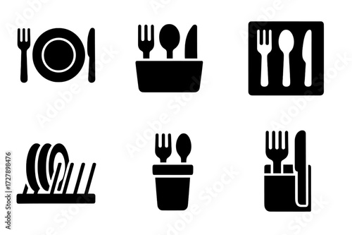 Dining Accessories Icons. Solid, filled icon set of dining accessories: plate with silverware, utensil organizer, napkin ring, cutlery drawer, dish rack,