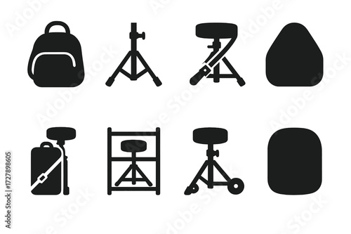 Drum Throne Icons. Solid, filled icon set of drum throne transport and storage: carrying bag, folding design, compact size, strap, padded case, storage rack,