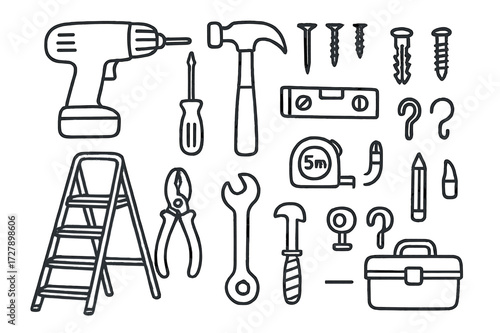 Curtain Installation Tools. Hand-drawn doodle illustration tools for hanging curtains drill, screwdriver, hammer, nails, screws, measuring tape, level, wall