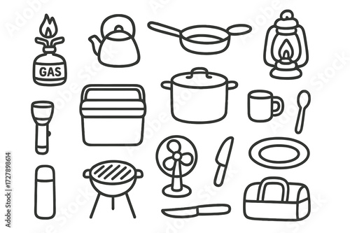 Camping Gear Doodles. Hand-drawn doodle illustration Camping appliances portable stove, kettle, pan, pot, lantern, flashlight, cooler box, fan, mug, spoon,