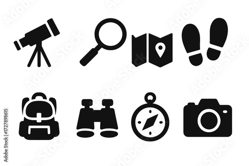 Exploration Icon Grid. Solid, filled icon set of solo exploration: telescope, magnifying glass, map, footprints, backpack, binoculars, compass, camera. [Solid,