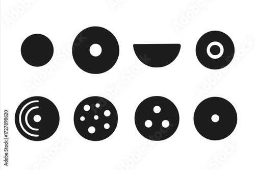 Cymbals Parts Icons. Solid, filled icon set of cymbals parts: bell, bow, edge, cup, lathing, hammering marks, rivets, mounting hole. Solid, filled icons in