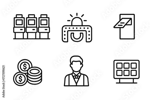Casino Icon Set. Outline icon set of slot machine environment: casino floor, neon sign, jackpot lights, ticket dispenser, chip stack, bartender, lounge chair,