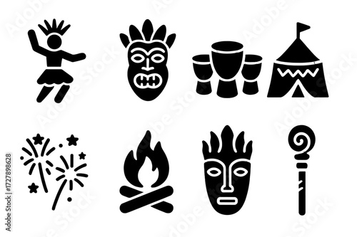 Ethnic Celebration Icons. Solid, filled icon set of ethnic celebrations: traditional dance, mask, drum circle, festival tent, fireworks, bonfire, ceremonial