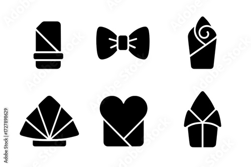 Napkin Fold Icons. Solid, filled icon set of event-specific napkin folds: wedding wrap, birthday bow, corporate fold, gala rose, brunch fan, romantic heart,