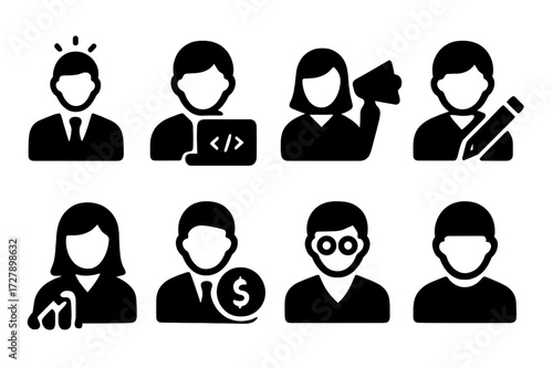 Team Role Icons. Solid, filled icon set of start-up team roles: CEO, developer, marketer, designer, analyst, salesperson, advisor, intern. Line icons in only