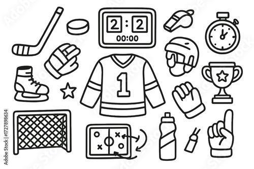 Hockey Team Essentials. Hand-drawn doodle illustration hockey team activity hockey stick, puck, skates, helmet, gloves, jersey, scoreboard, whistle, trophy,