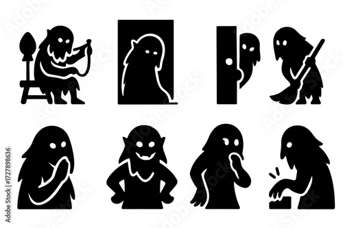 Kikimora Icon Set. Solid, filled icon set of kikimora actions and behaviors: spinning thread, hiding in shadows, peeking from behind door, sweeping floor,