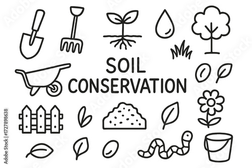 Soil Conservation Doodles. Hand-drawn doodle illustration soil conservation shovel, rake, sprout, roots, droplet, tree, grass, wheelbarrow, fence, compost