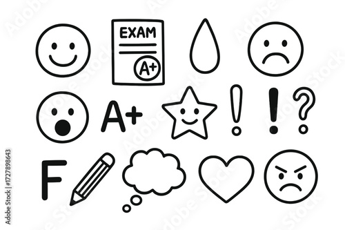 Student Grade Reactions. Hand-drawn doodle illustration student reaction to grades happy face, sad face, shocked emoji, exam sheet, grade A+, grade F, tear
