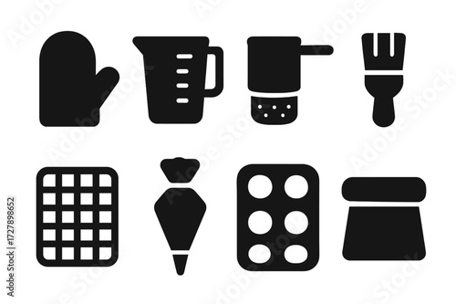 Baking Essentials Icons. Solid, filled icon set of baking essentials: oven mitt, measuring cup, flour sifter, pastry brush, cooling rack, piping bag, muffin