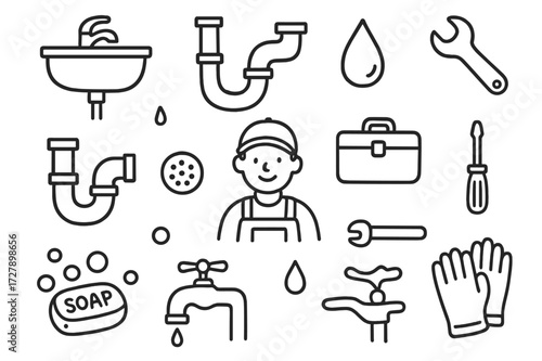 Plumbing Tools Doodle. Hand-drawn doodle illustration sink trap (P-trap) illustration sink basin, P-trap pipe, water droplet, wrench, pipe joint, plumber,