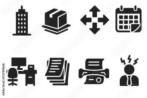 Business Overexpansion Icons. Solid, filled icon set of business overexpansion: growing skyscraper, overloaded cargo, expanding arrows, overflowing calendar,